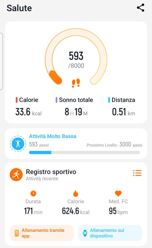 Schermata dell'app inclusa: passi, calorie, sonno e allenamenti