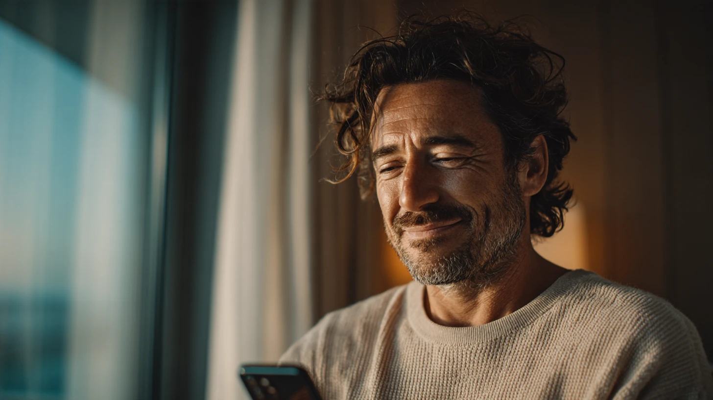 Un uomo sorride guardando il telefono